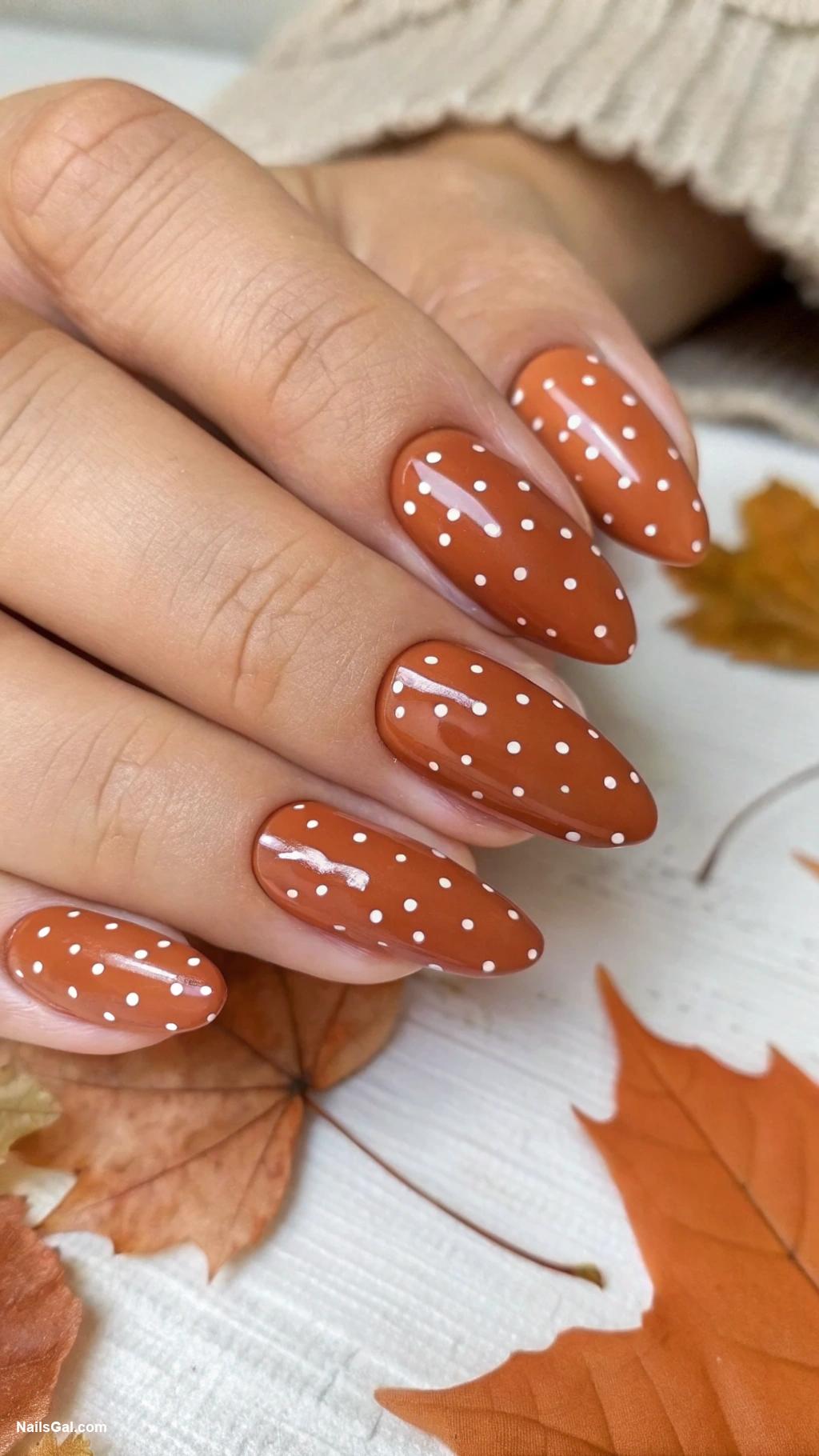 pumpkin pie nails Terracotta with tiny white polka dots