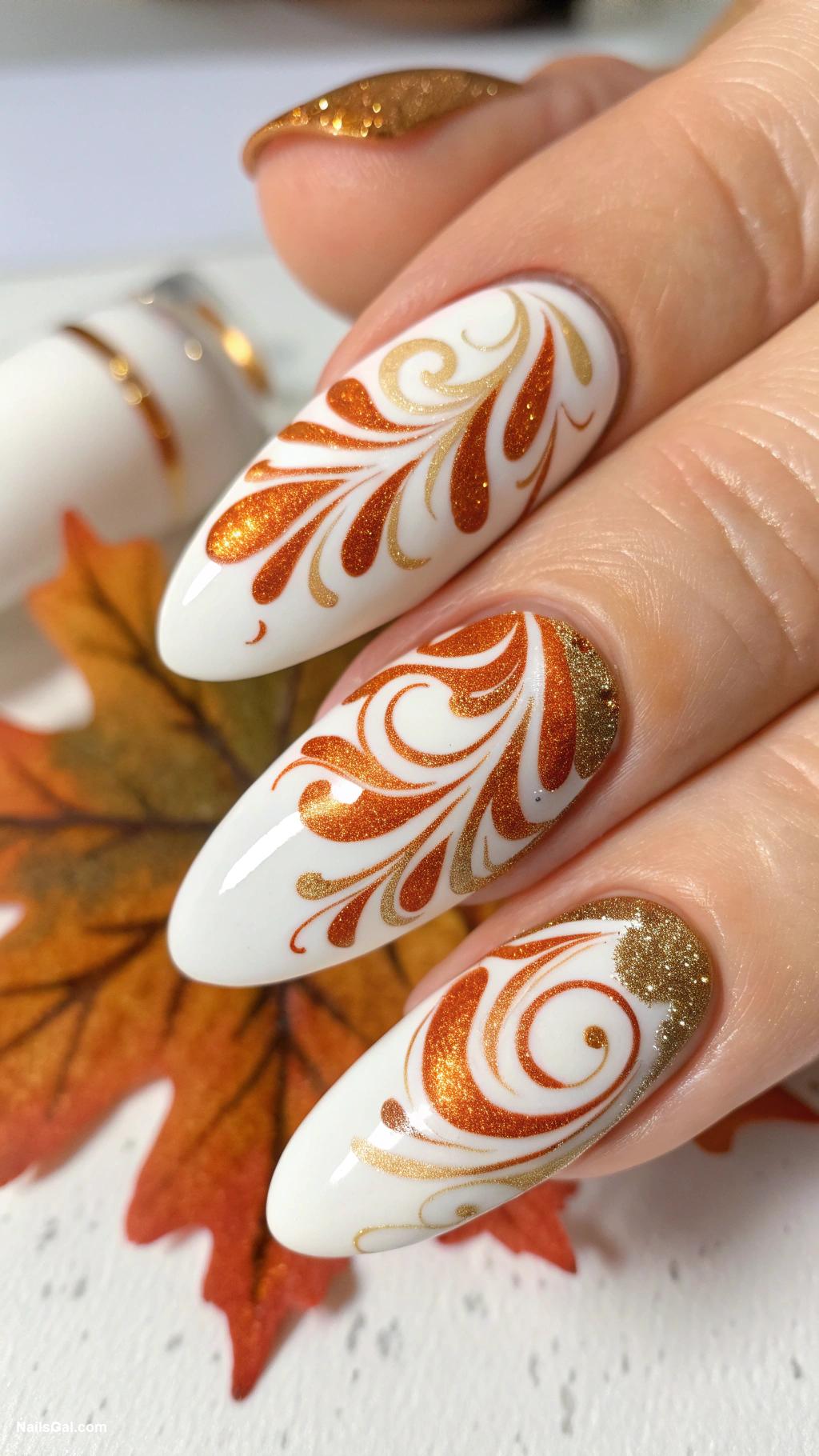 pumpkin pie nails White nails with pumpkin spice swirl design