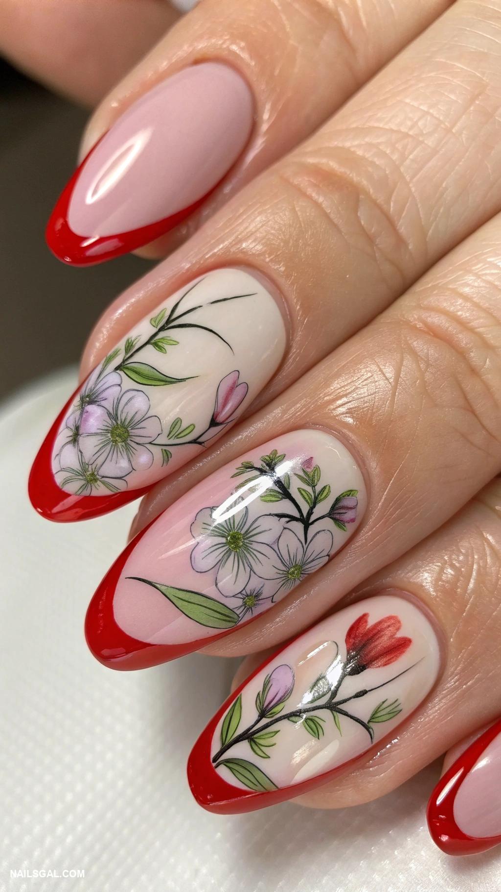 red french tip nails Floral designs with red tipped edges