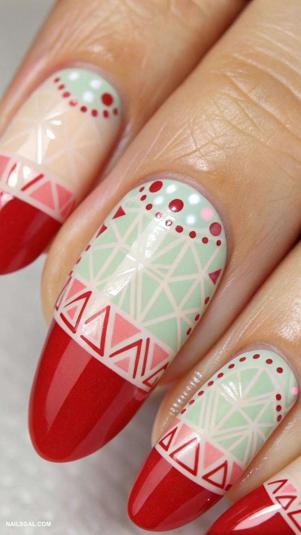 red french tip nails Geometric patterns with red tips