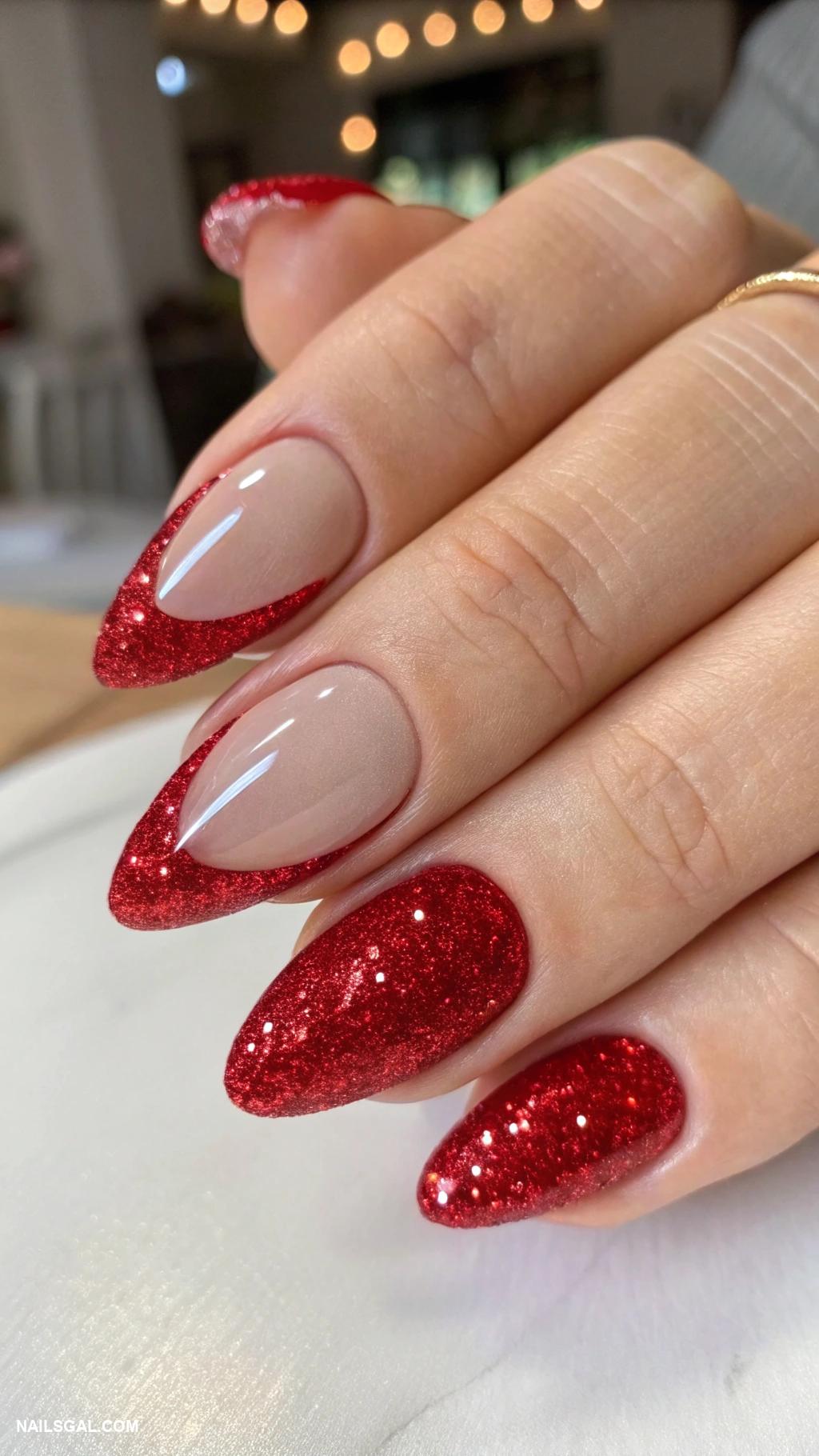 red french tip nails Glittery red tips on matte finish
