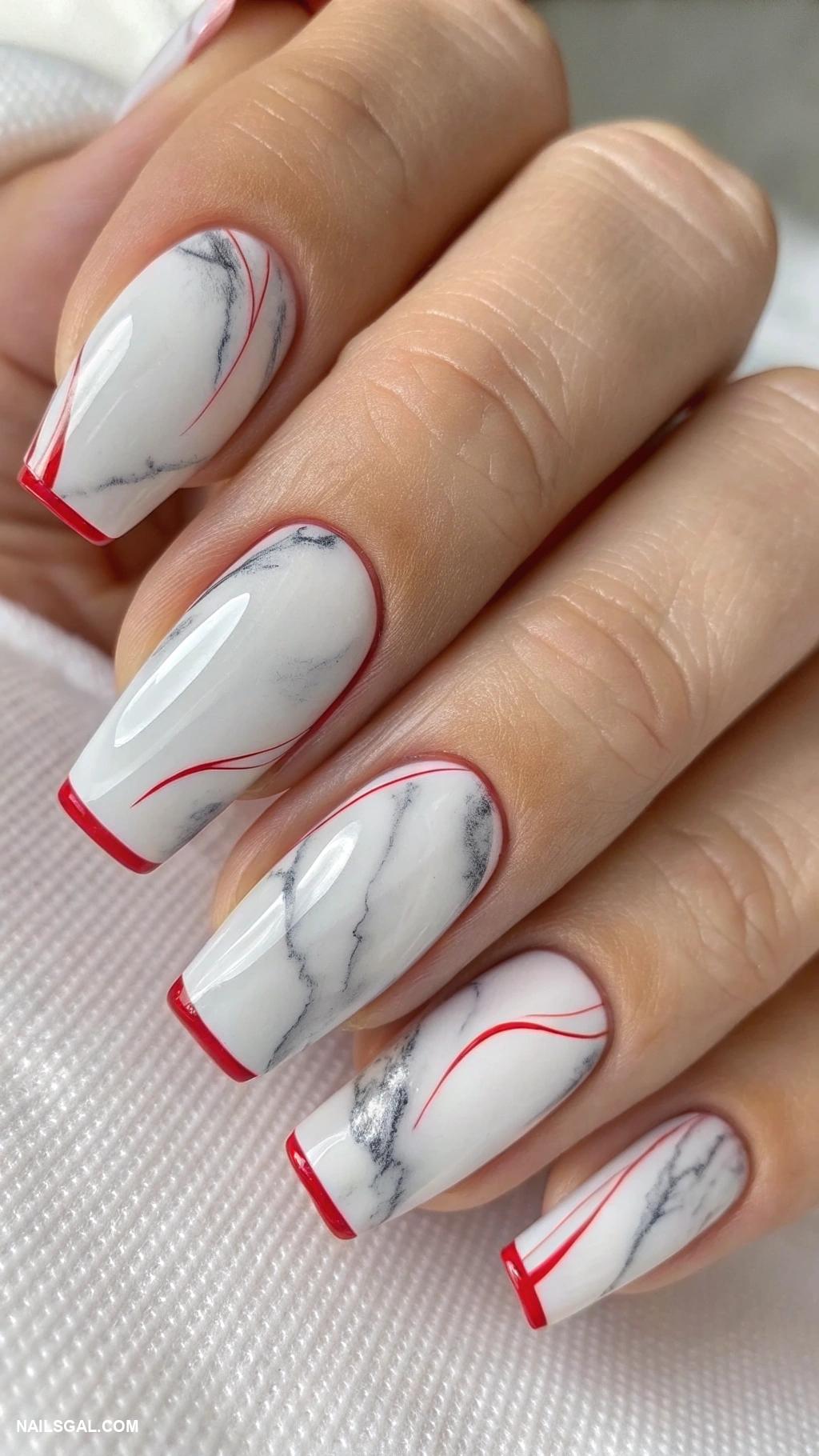 red french tip nails Marble effect with subtle red tips
