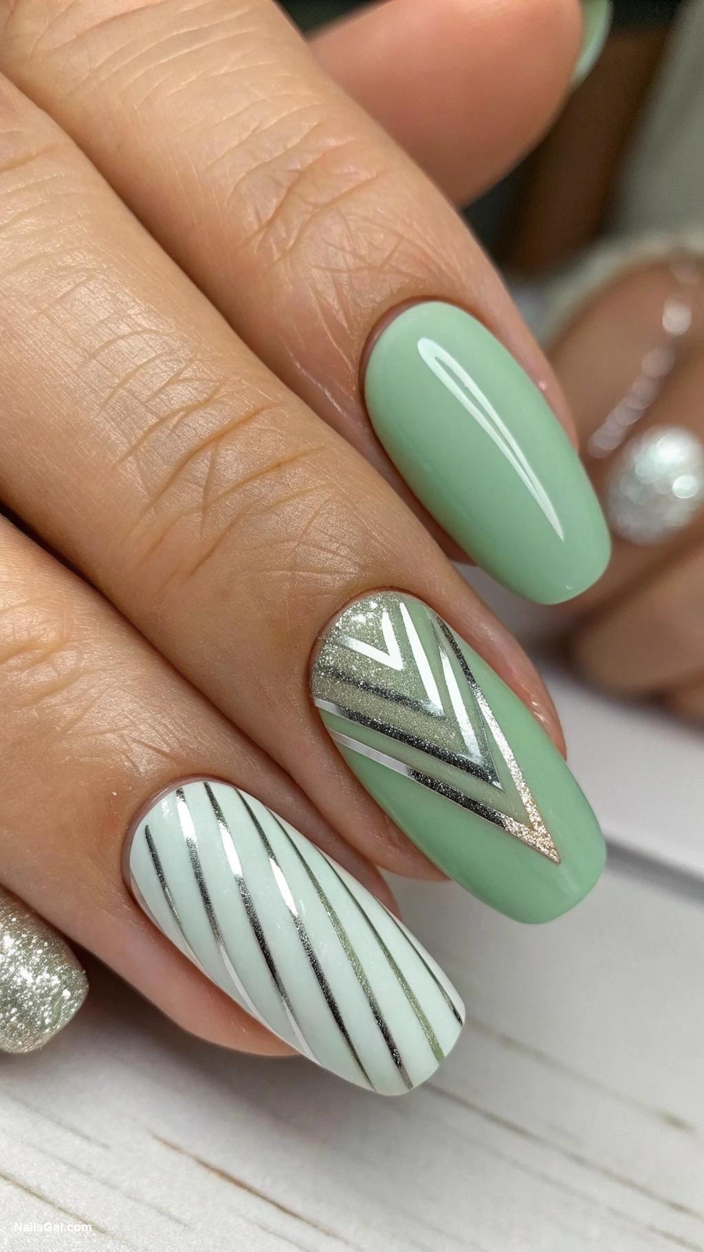 sage green nails Sage green and silver stripes