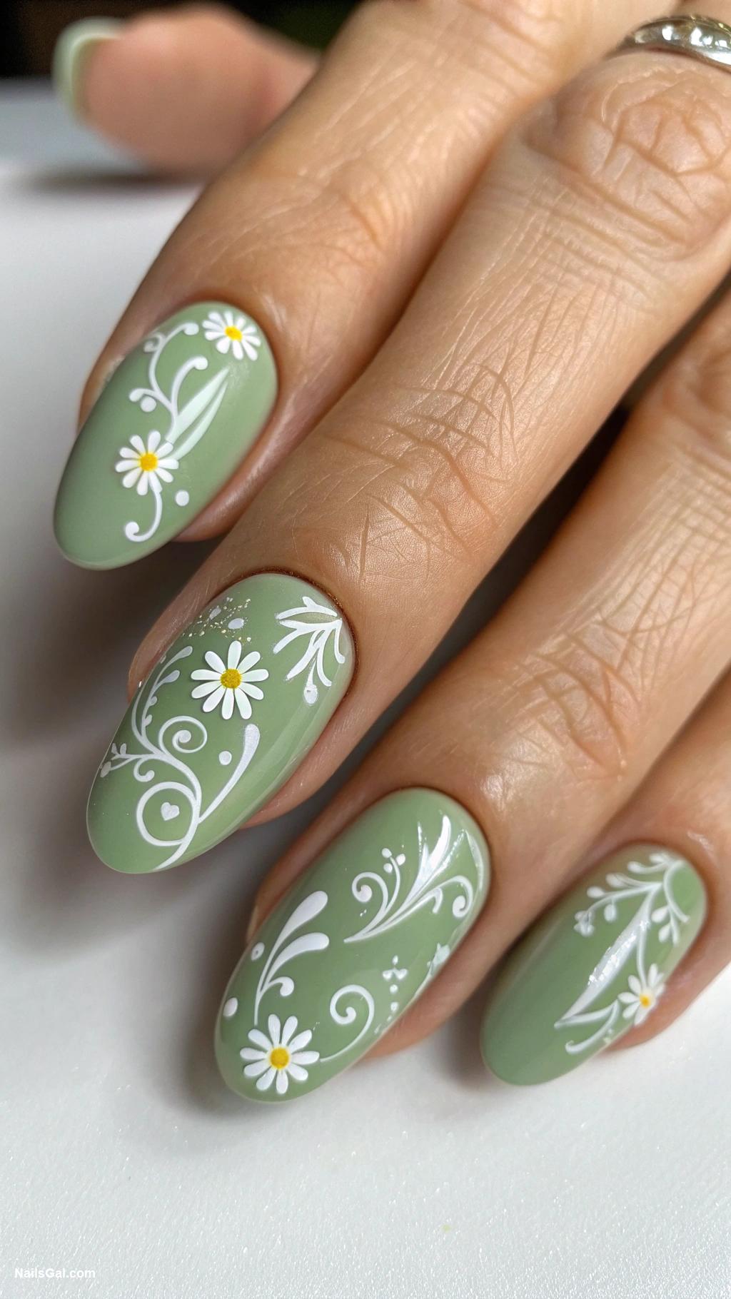 sage green nails Sage green and white floral designs