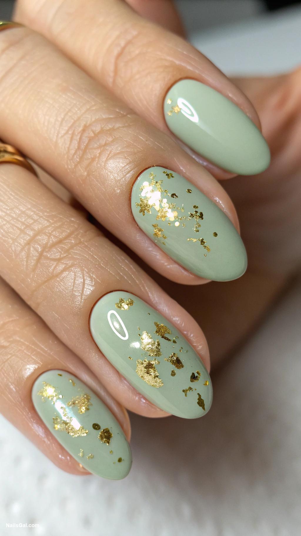 sage green nails Sage green base with gold flakes