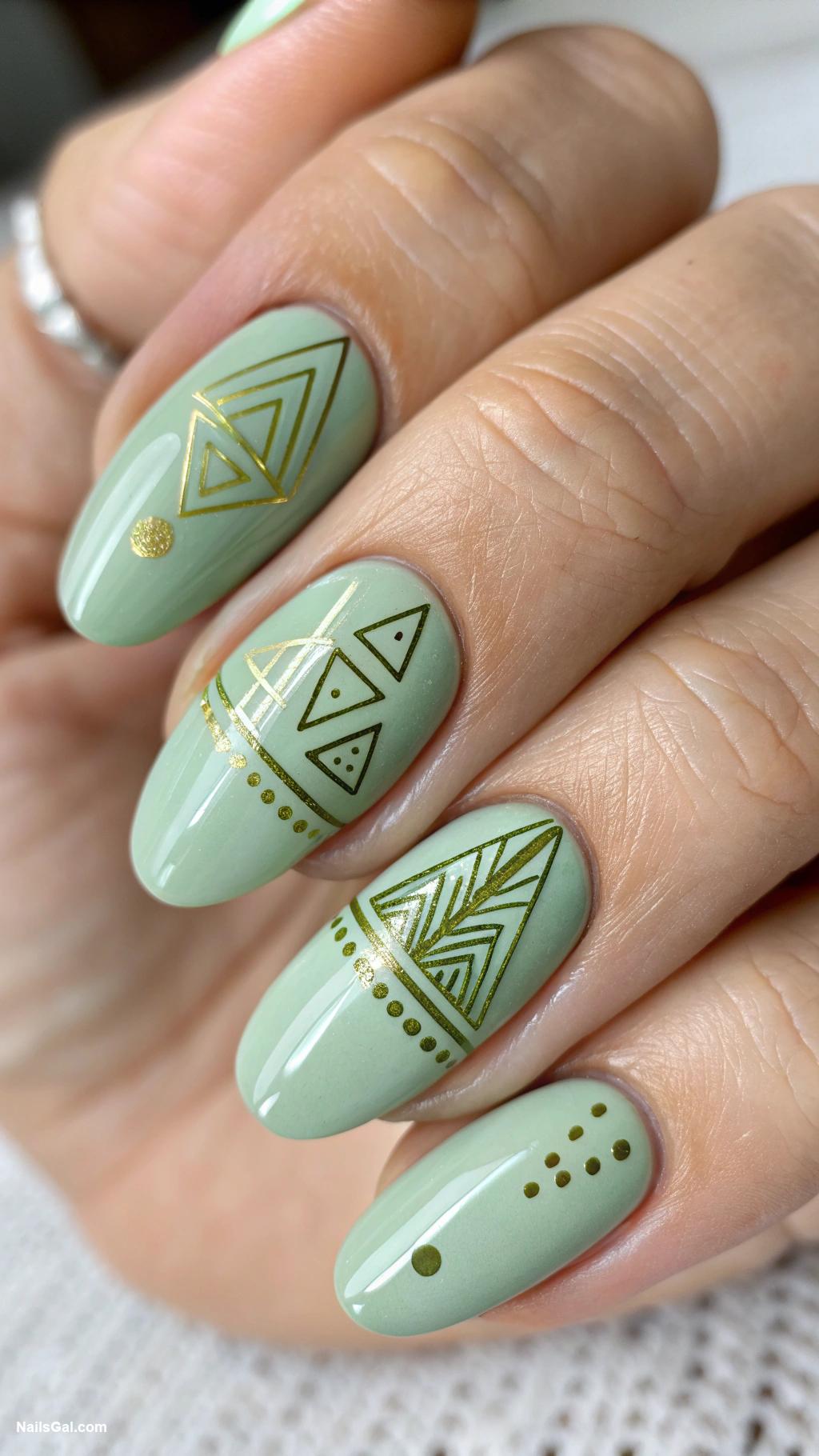 sage green nails Sage green with geometric patterns