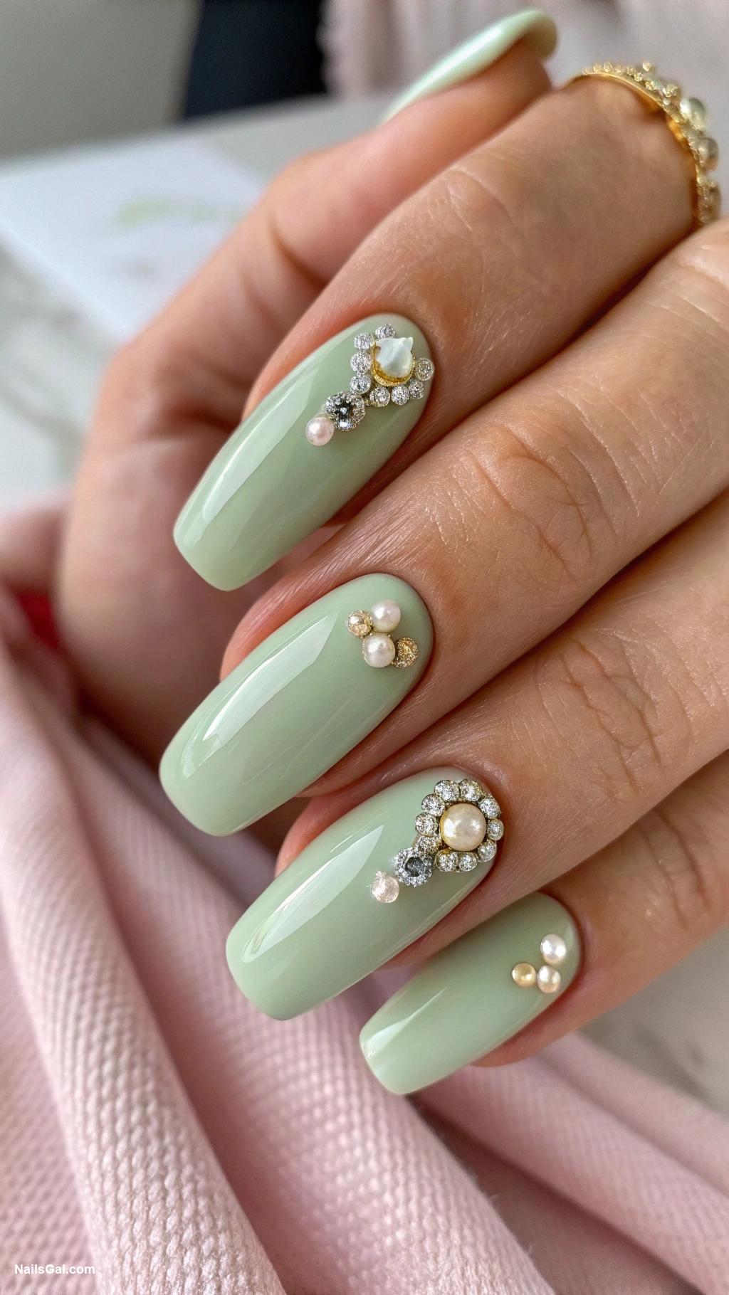 sage green nails Sage green with jeweled embellishments