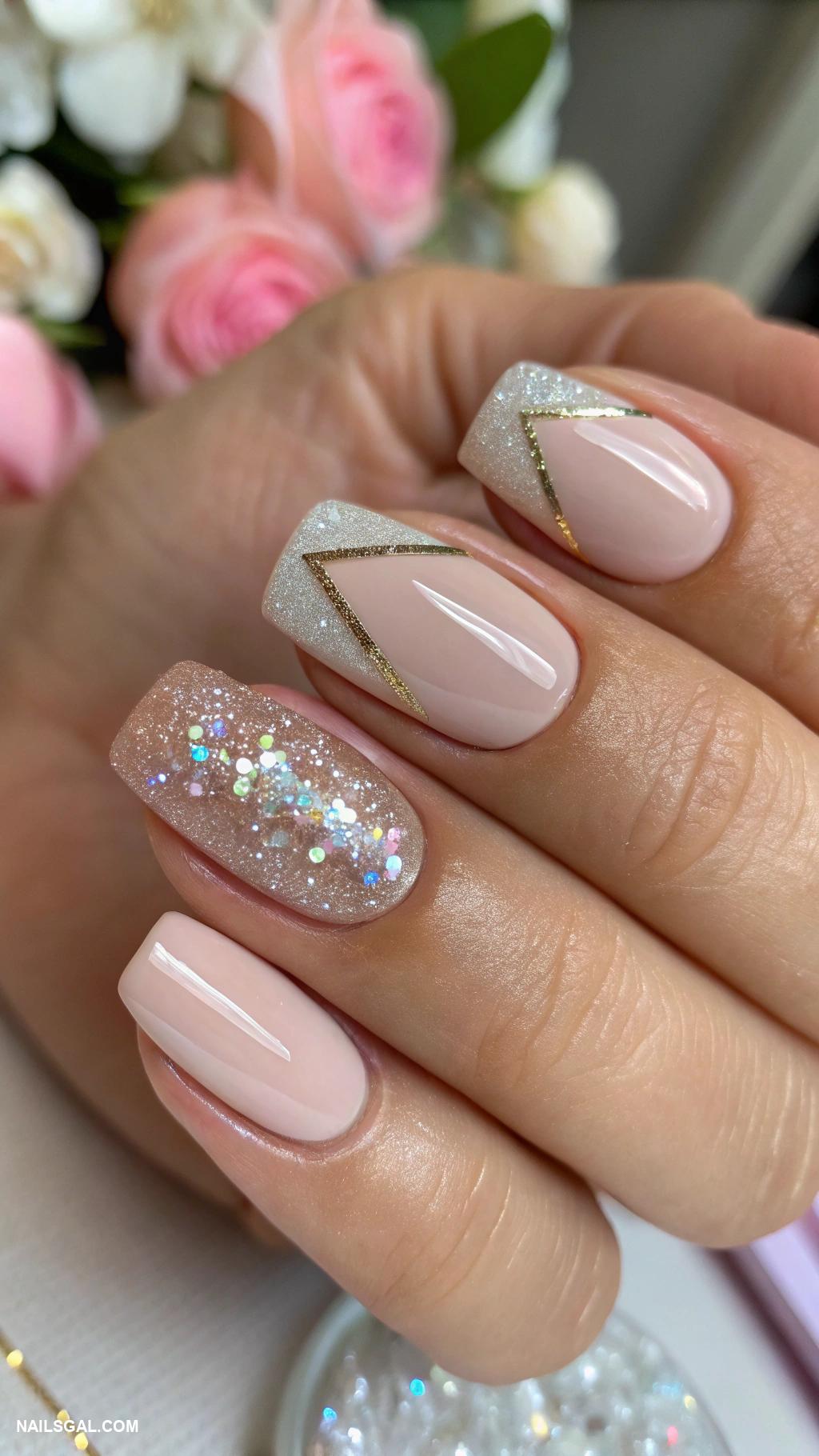 short nails Negative space with glitter