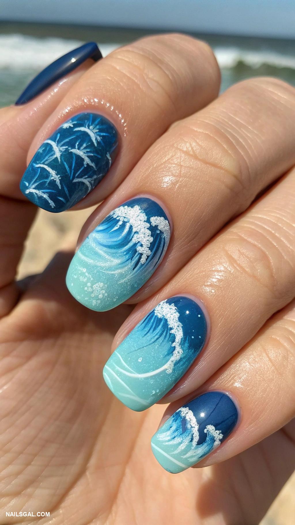 short nails Ocean wave patterns with blues