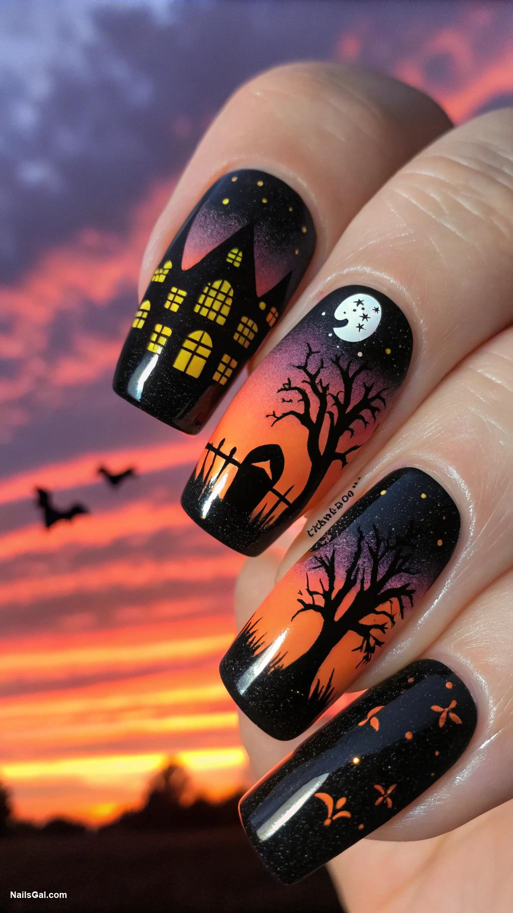 spooky nails Haunted house silhouette at sunset