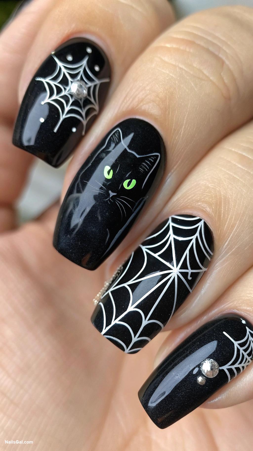 spooky nails Ominous black cat on one nail