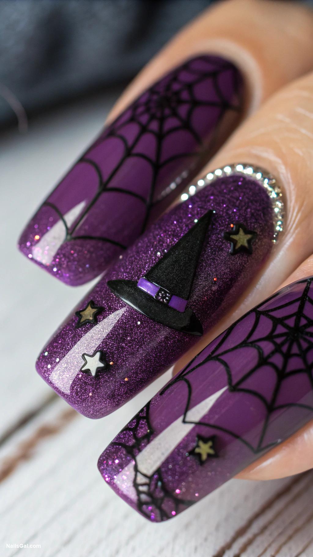 spooky nails Webbed texture with a witch hat