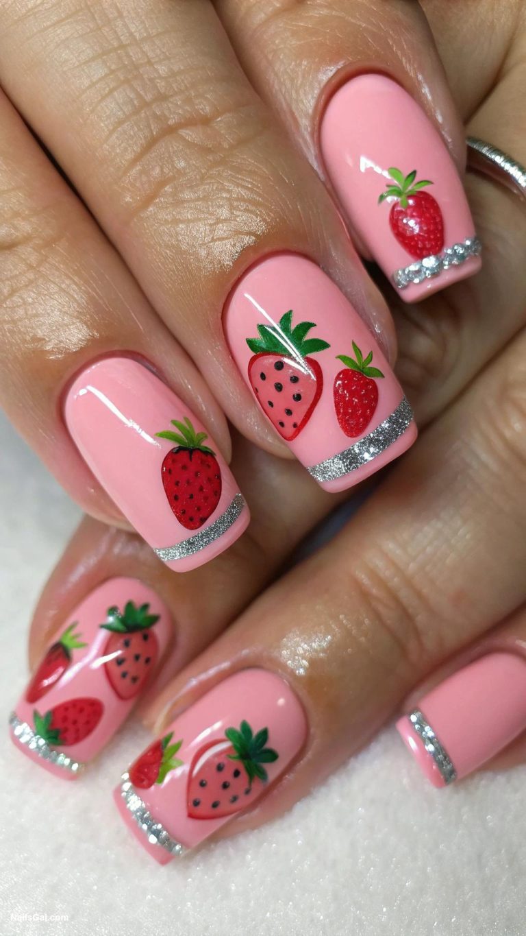 strawberry nails Bright pink nails with strawberry nail art