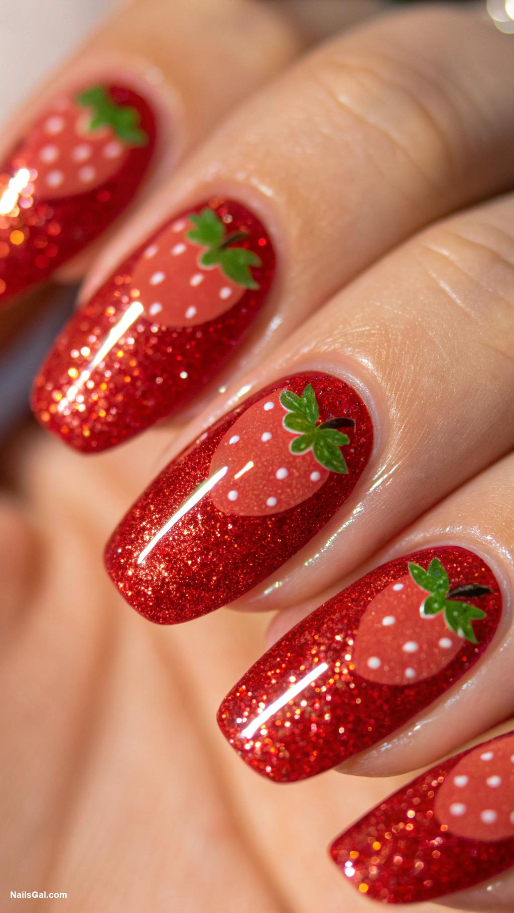 strawberry nails Glittery red base with strawberry charm