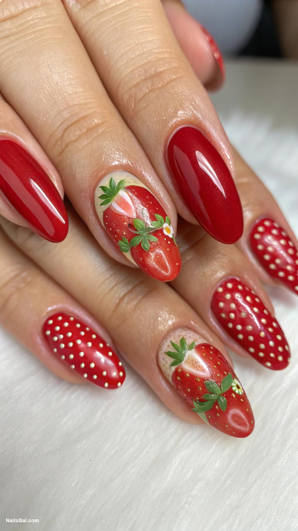 strawberry nails Matte red nails with glossy strawberries