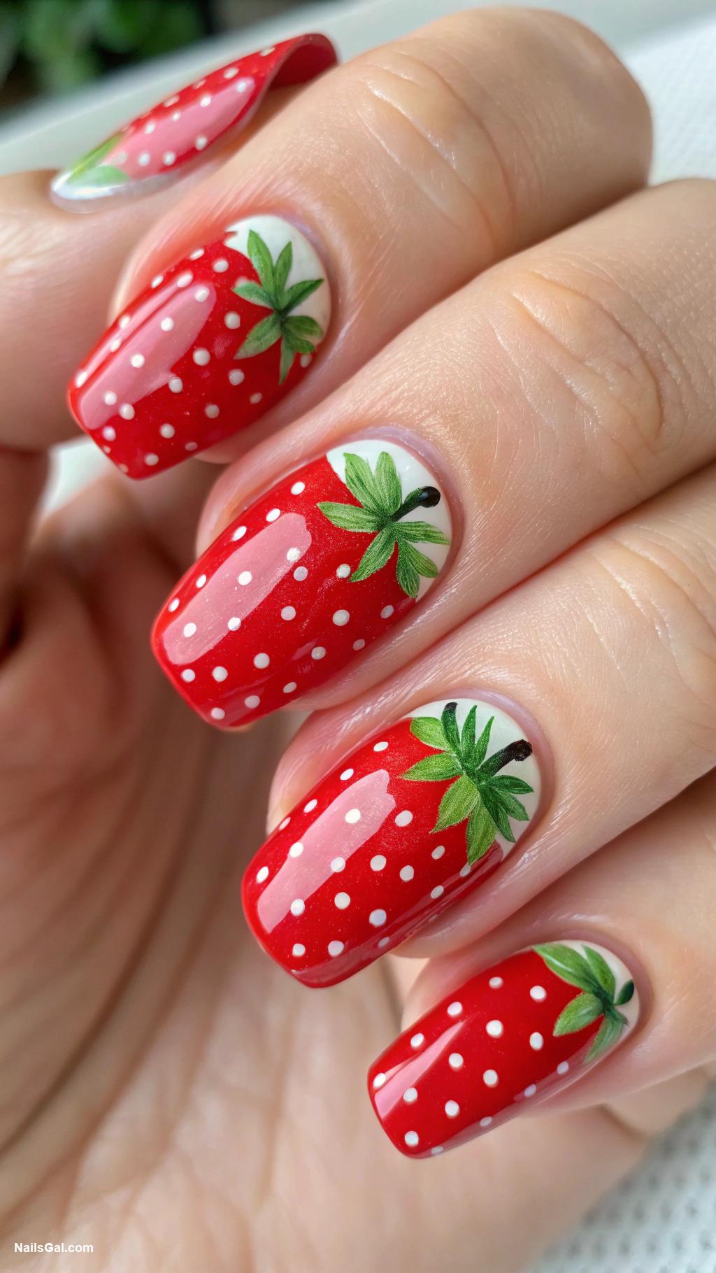 strawberry nails Polka dot red nails with strawberry detail
