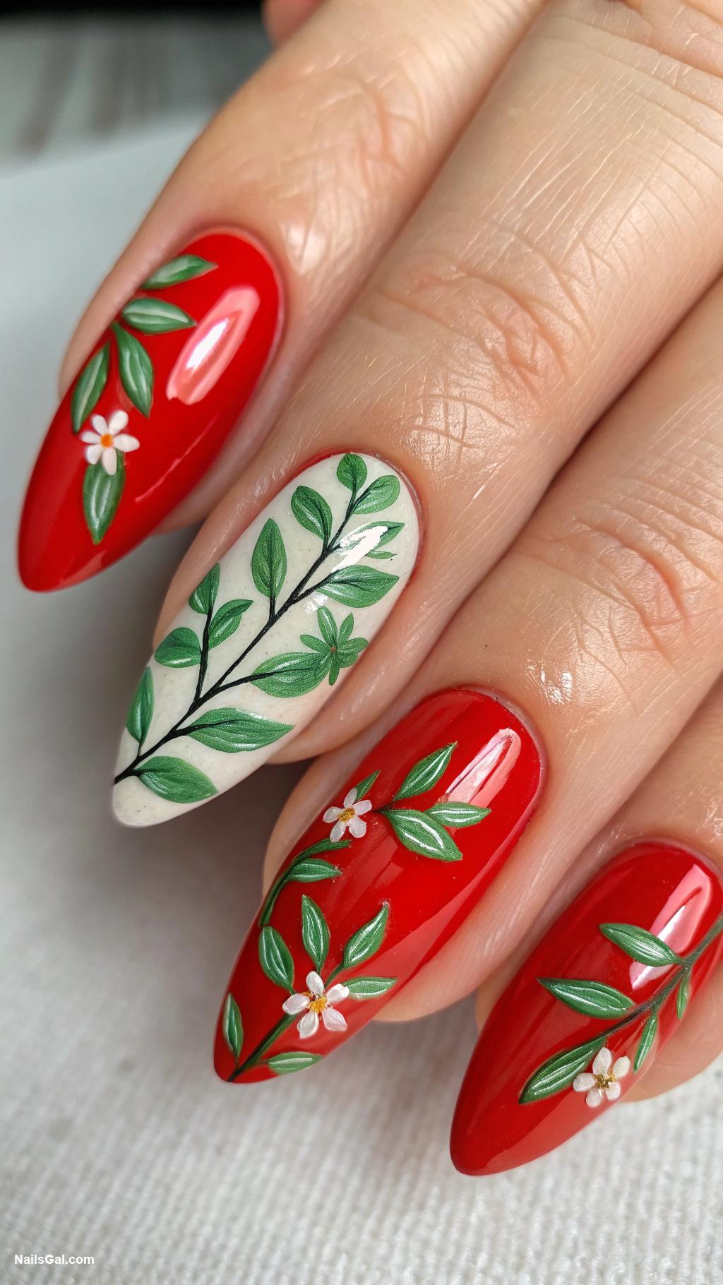 strawberry nails Red nails with green leaf accents