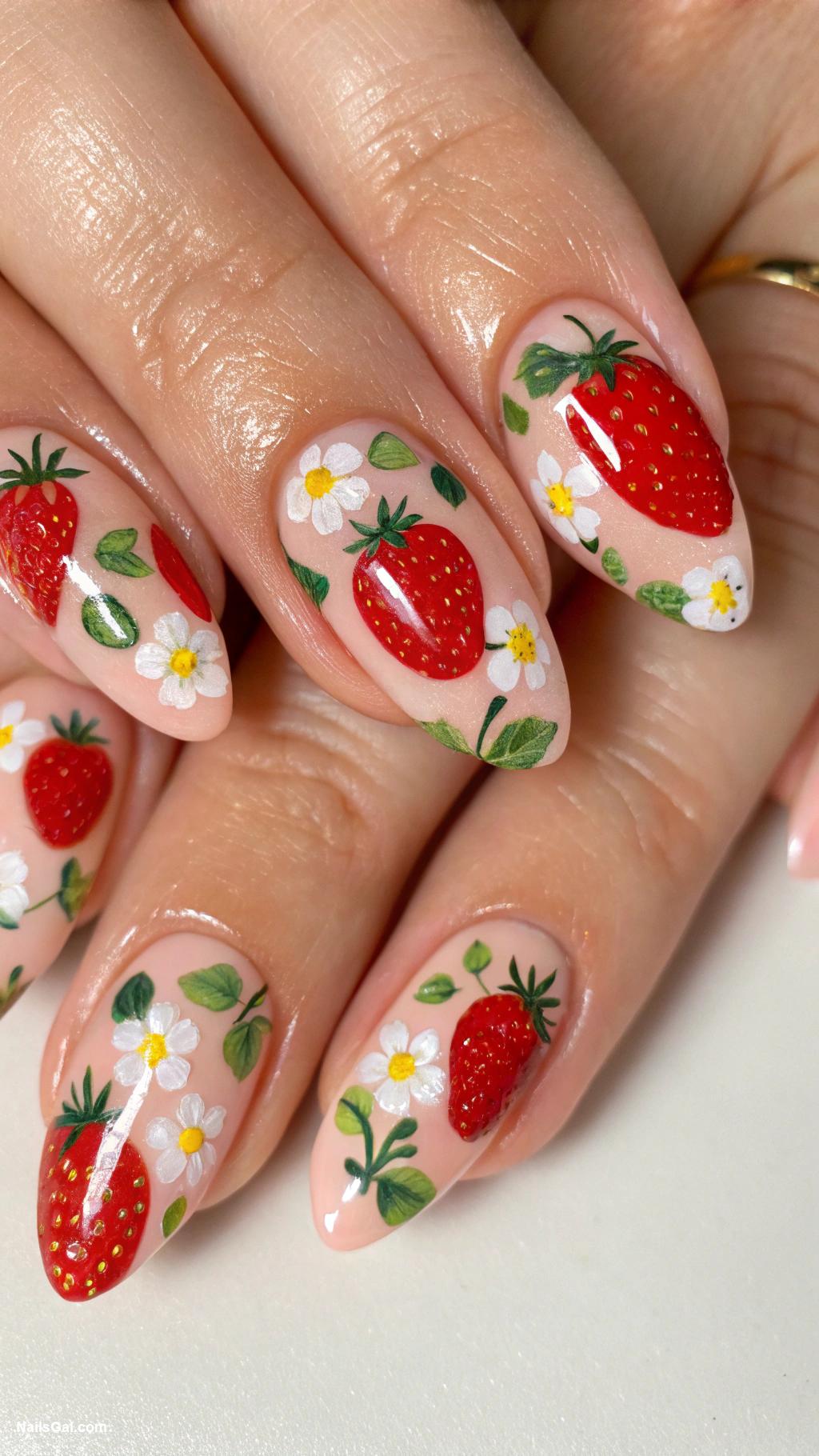 strawberry nails Strawberry patterns on nude background
