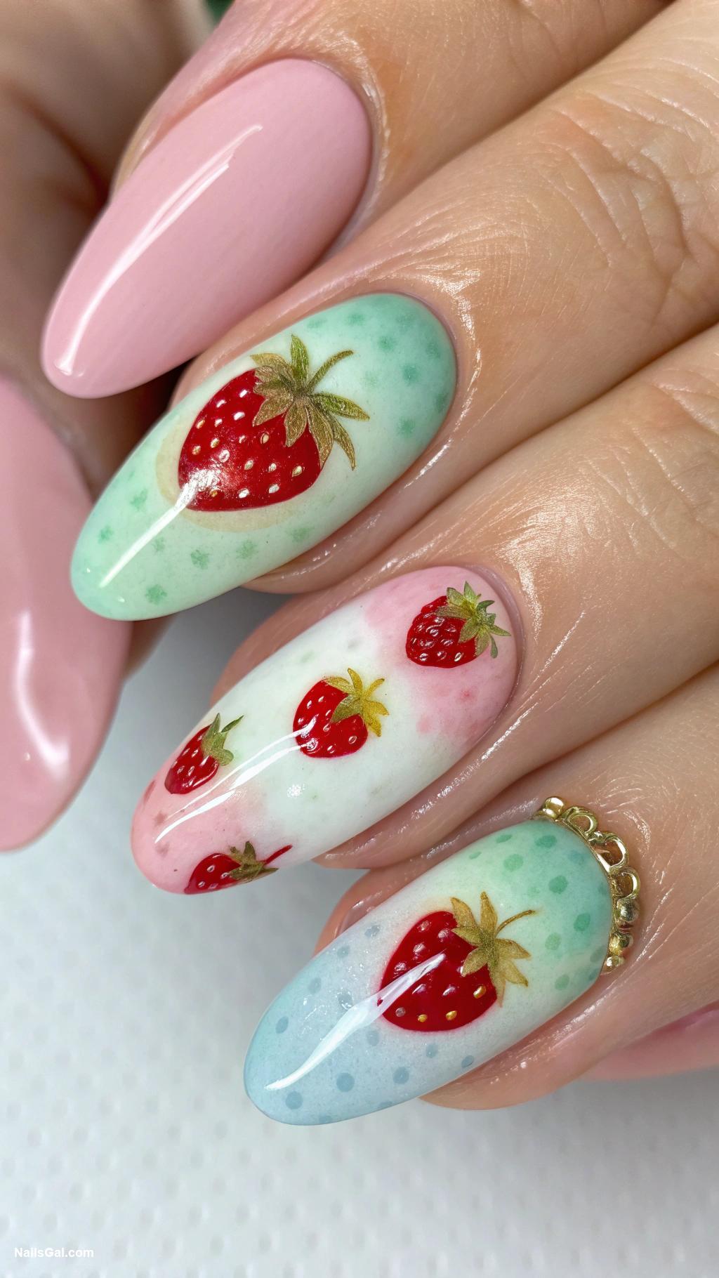strawberry nails Strawberry watercolor effect on pastel nails