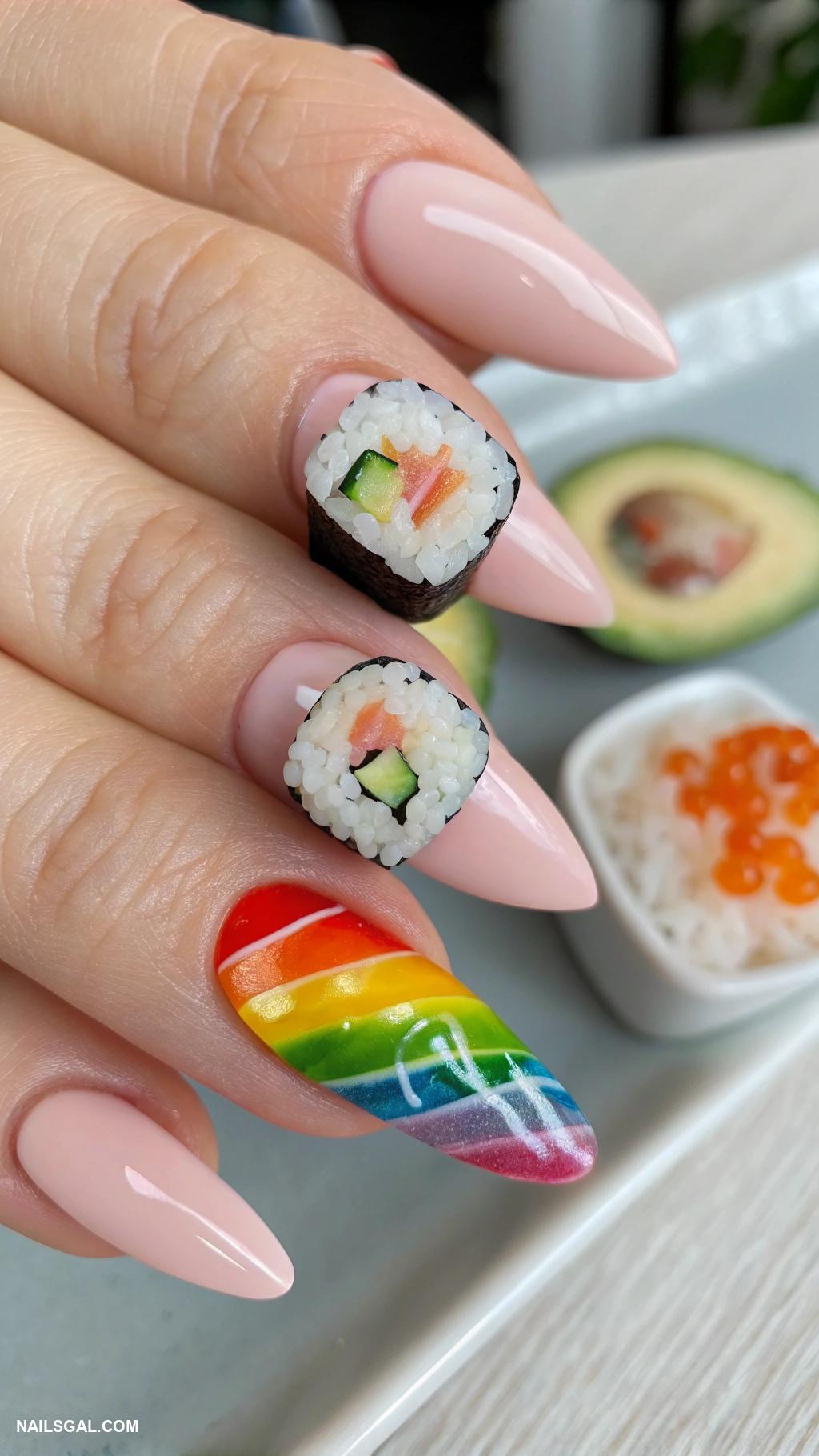 sushi nails Miniature sushi array on nail tips