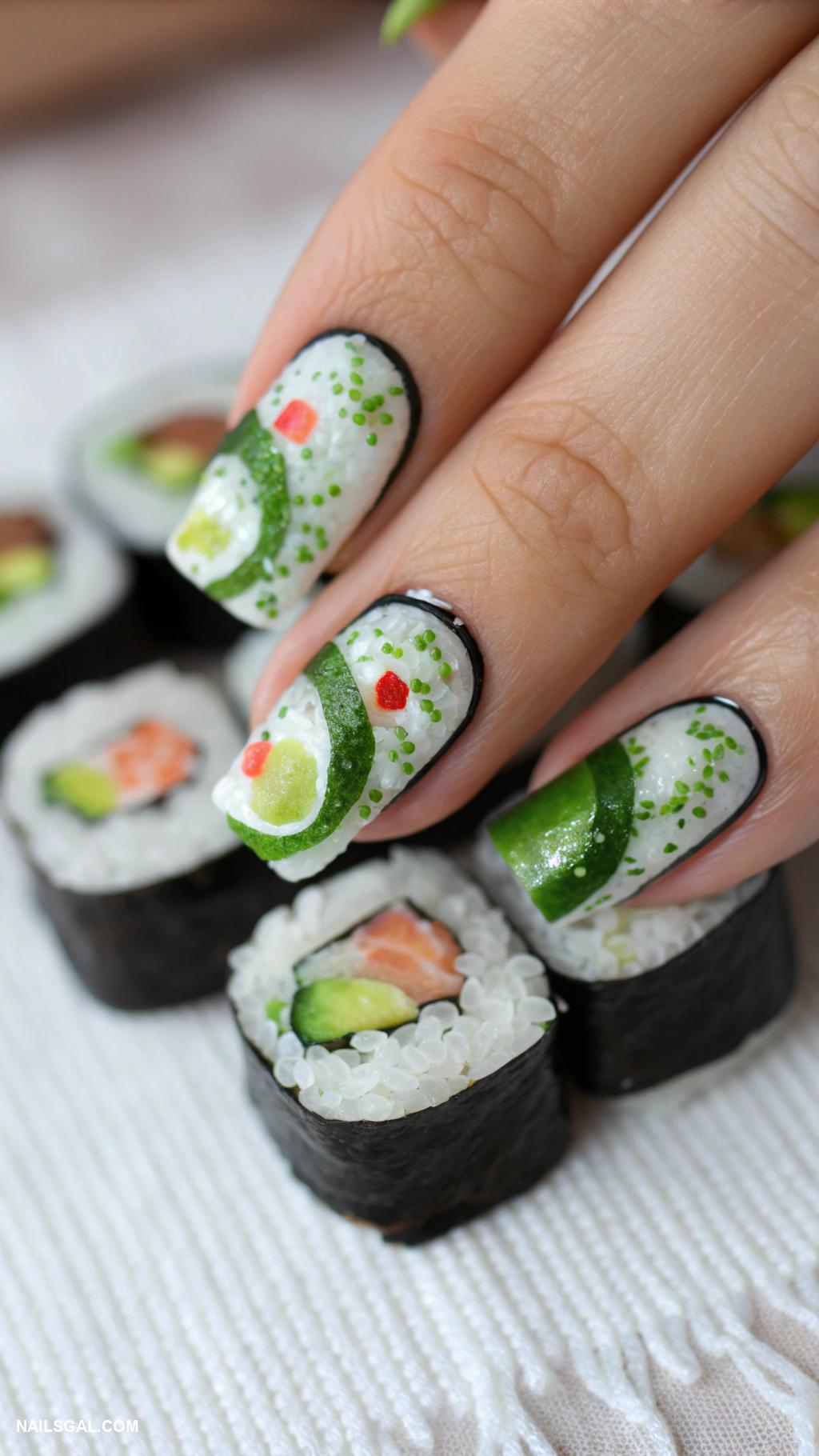 sushi nails Nori wrapped design with green accents