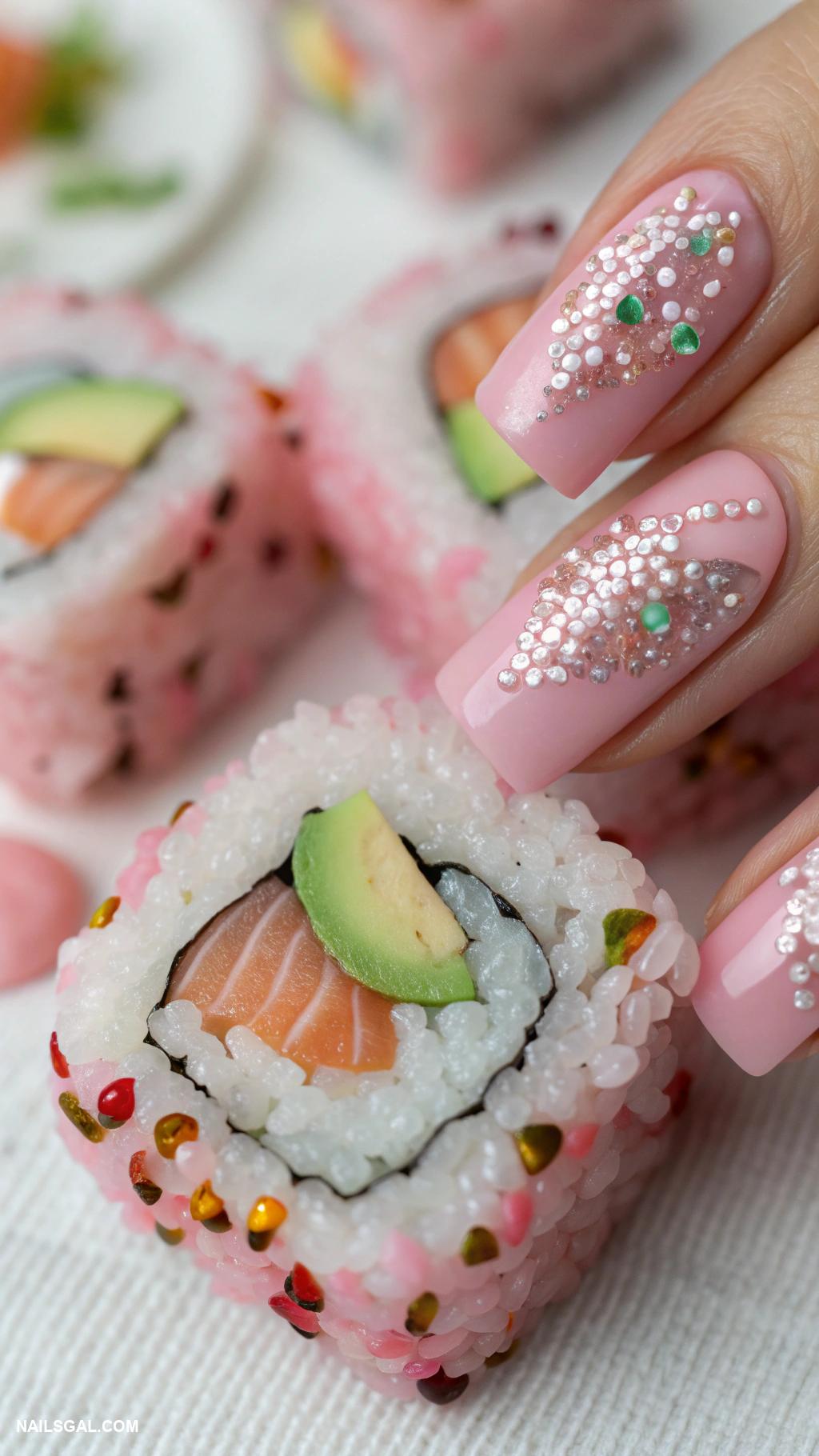 sushi nails Pink sushi rolls with glitter toppings