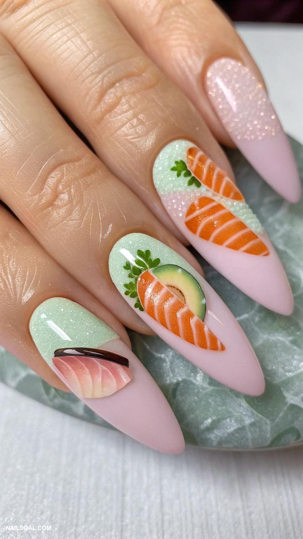 sushi nails Sashimi slices in pastel colors