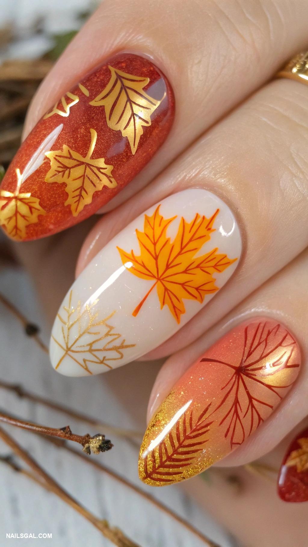 thanksgiving nails ideas Autumn leaves with gold accents