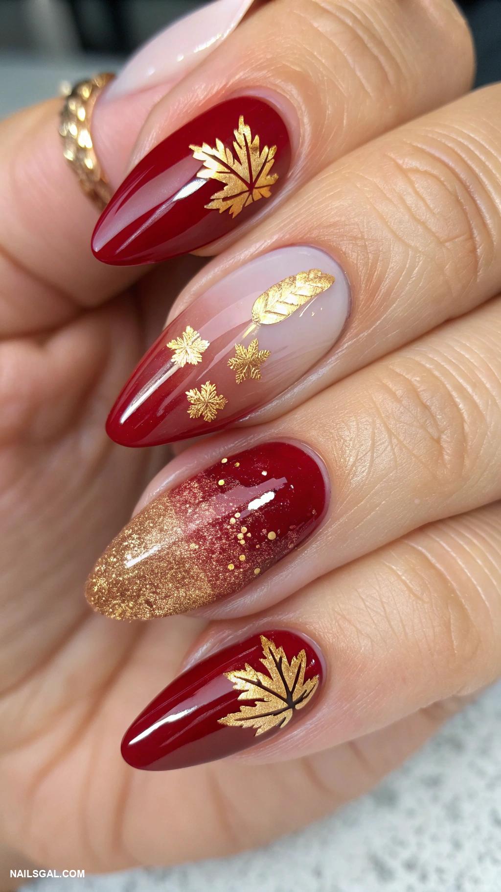 thanksgiving nails ideas Cranberry red and gold ombre