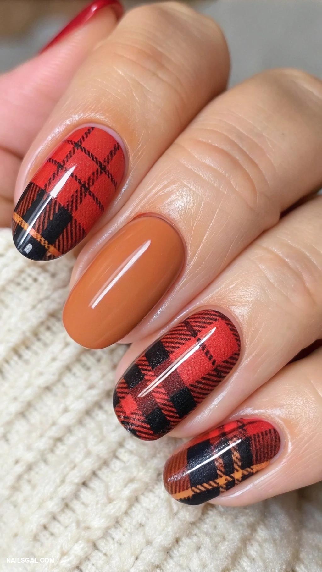 thanksgiving nails ideas Flannel pattern on accent nails