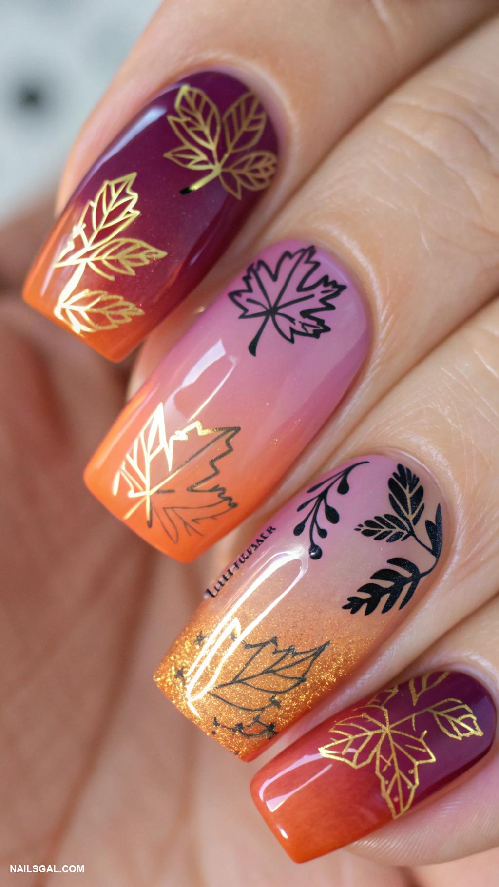 thanksgiving nails ideas Sunset gradient with leaf motifs