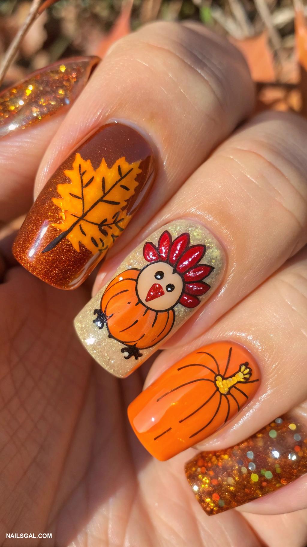 thanksgiving nails ideas Turkey nail design with cute details