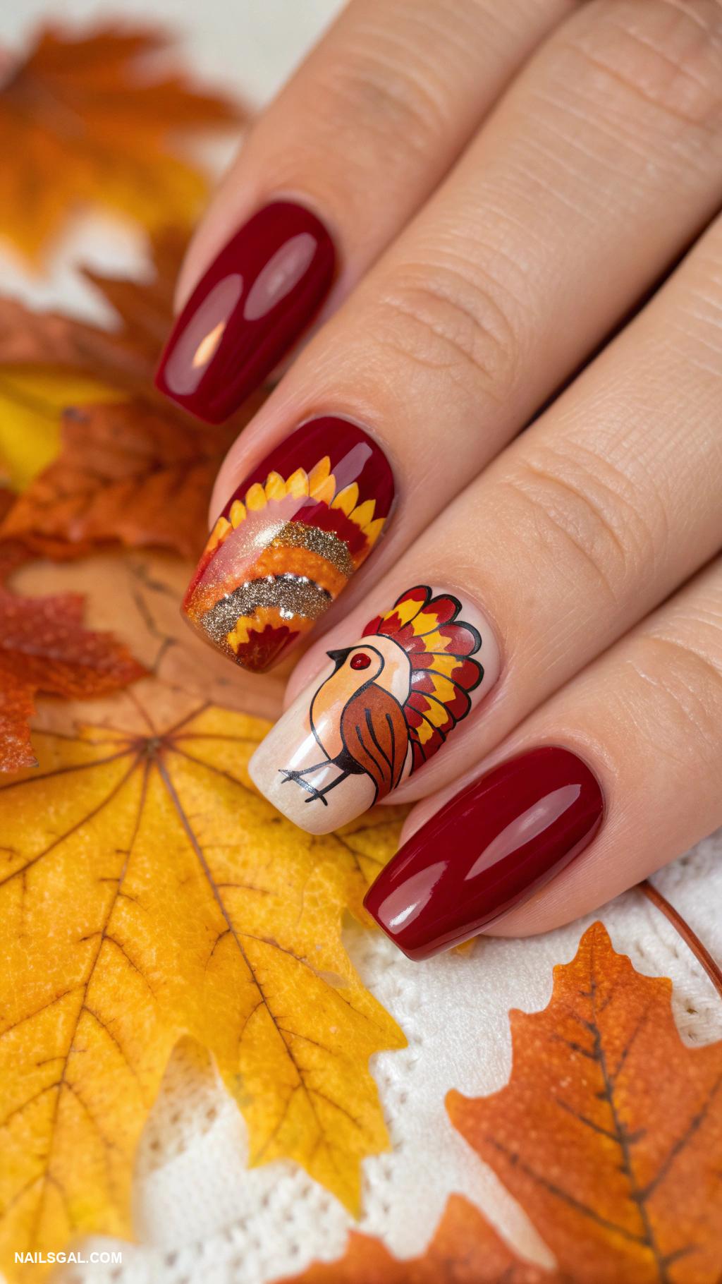 thanksgiving turkey nails Autumn leaves with turkey nail accent