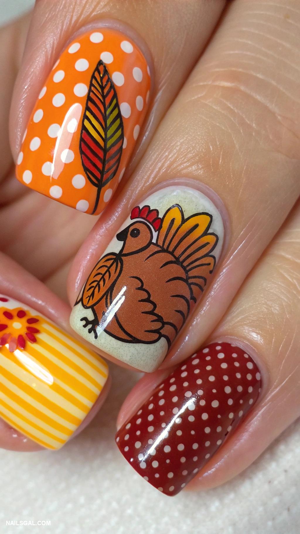 thanksgiving turkey nails Colorful turkey with patterned nails