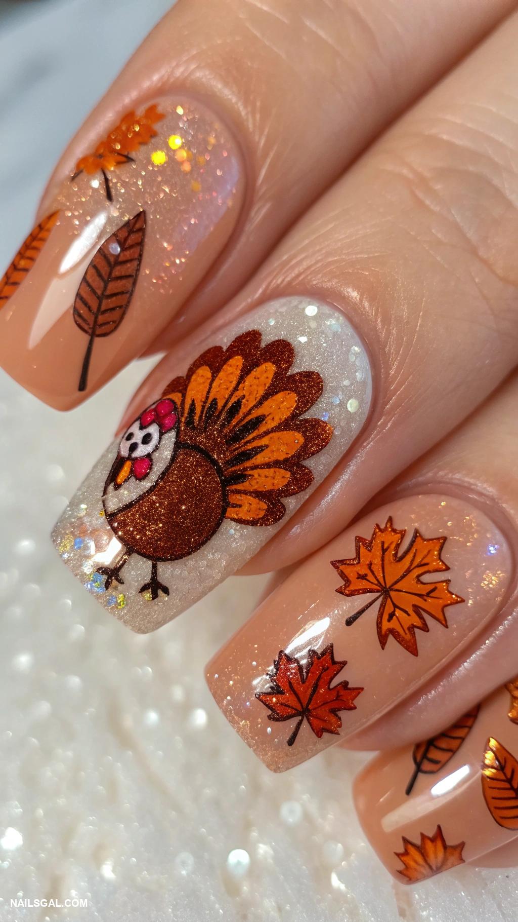 thanksgiving turkey nails Festive orange and brown turkey art