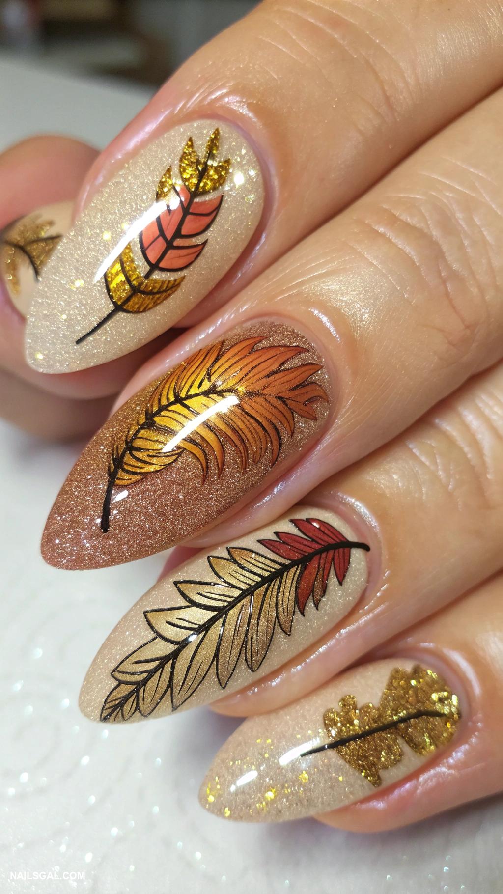 thanksgiving turkey nails Glittery gold turkey feathers design