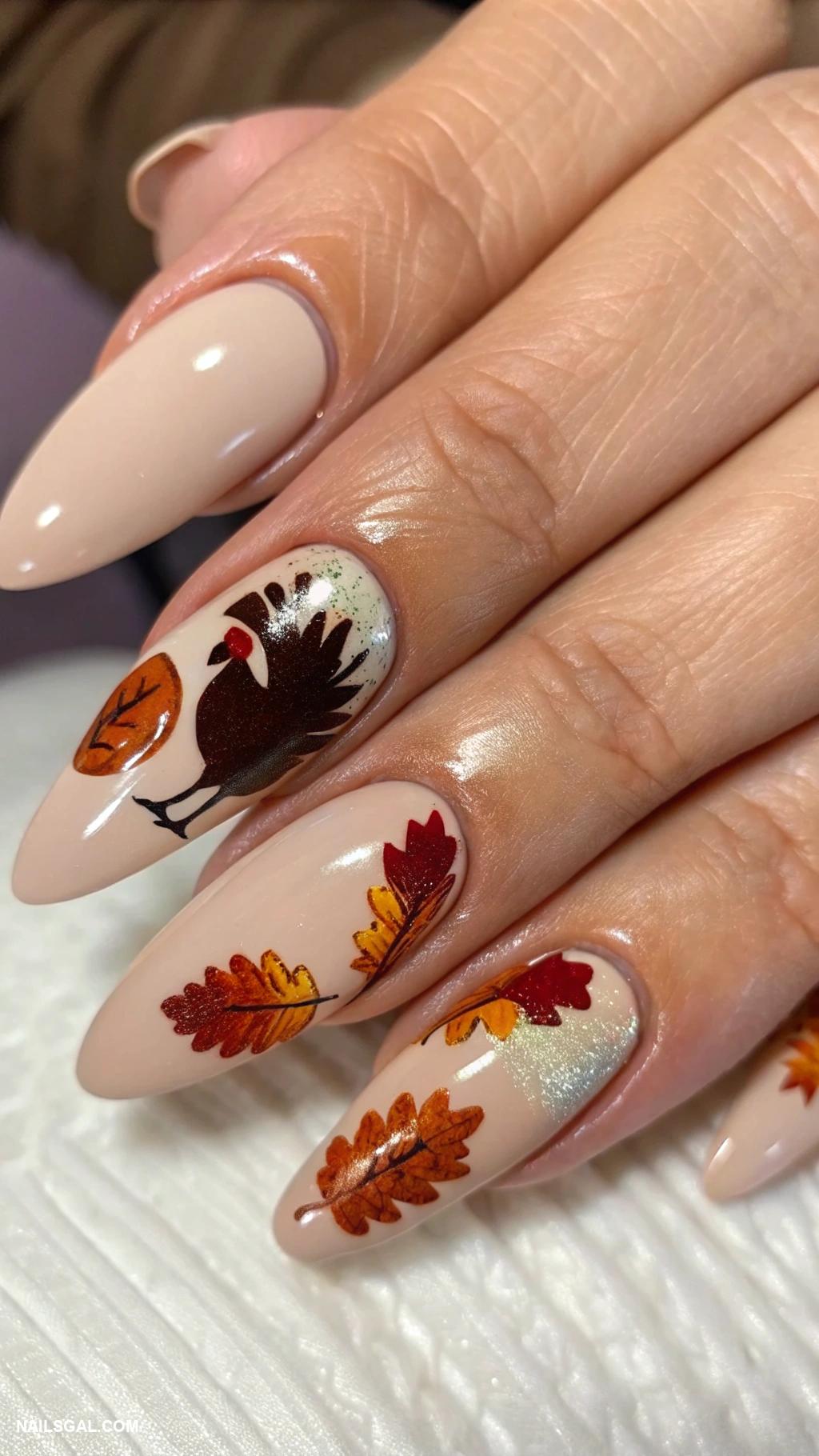 thanksgiving turkey nails Stylized turkey silhouette on nude nails