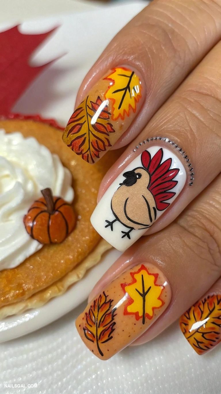 thanksgiving turkey nails Thanksgiving theme with turkey and pies