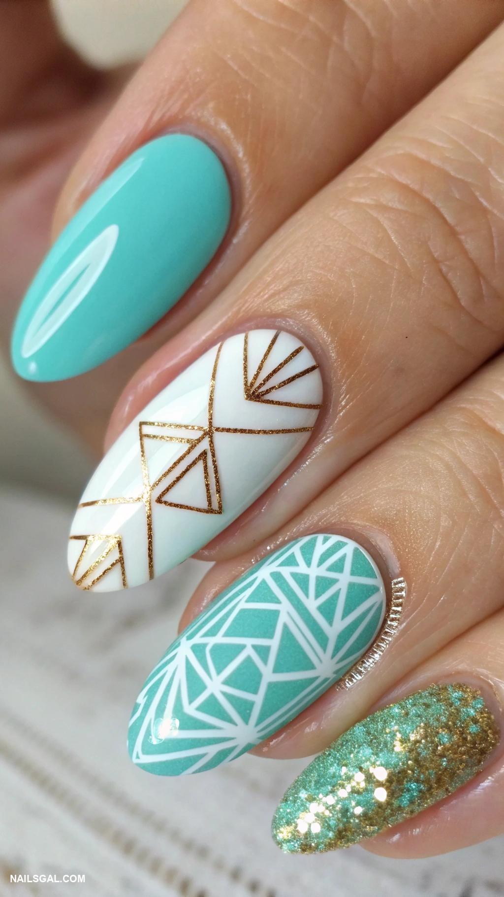 turquoise nails Glitter turquoise with geometric patterns