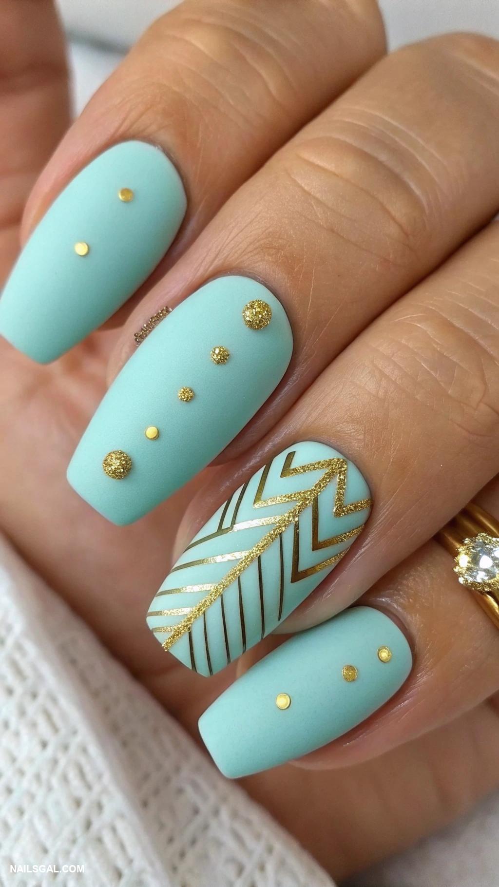 turquoise nails Matte turquoise with gold accents