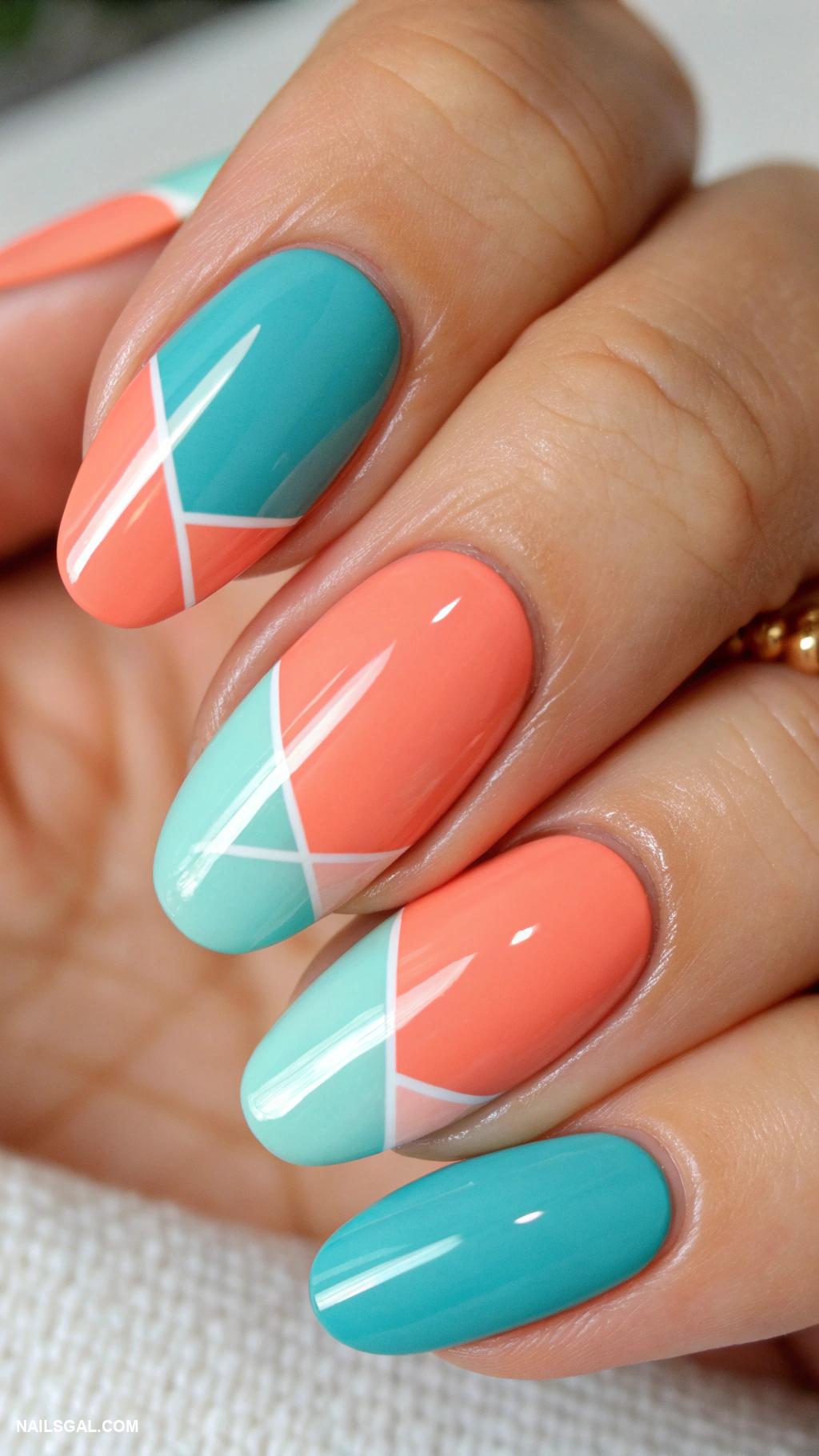 turquoise nails Turquoise and coral color block design