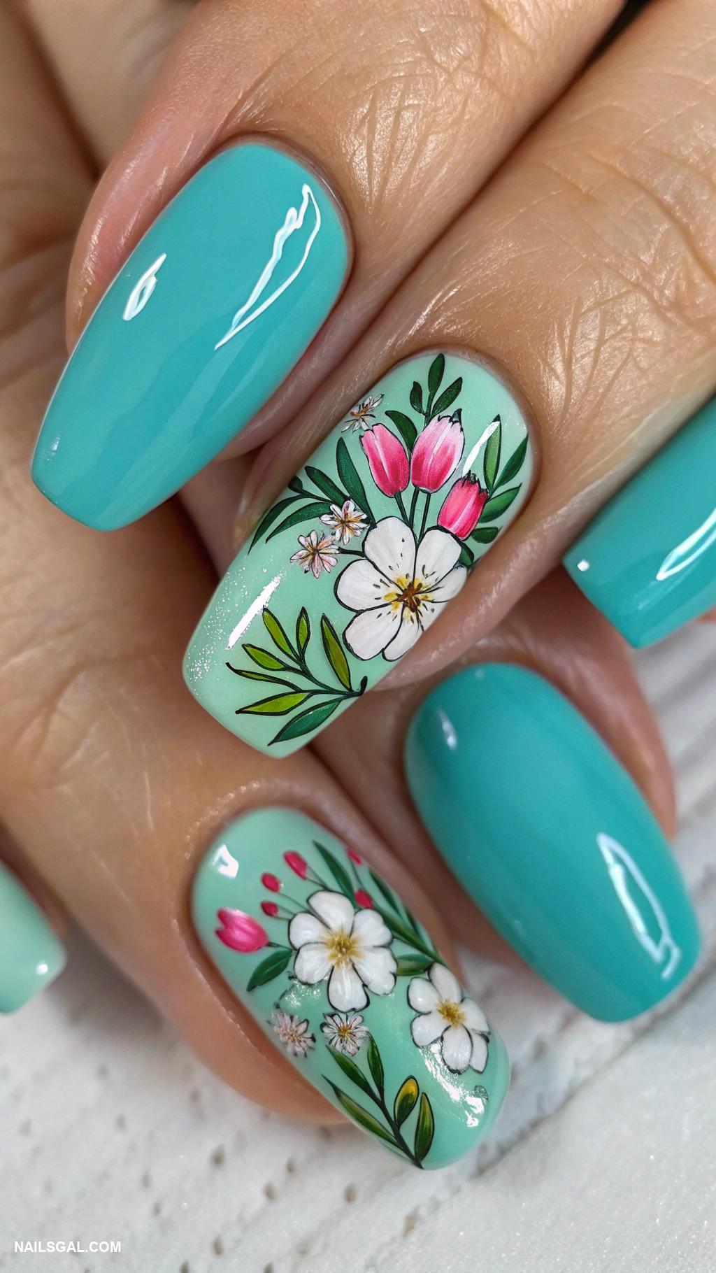 turquoise nails Turquoise base with floral nail art