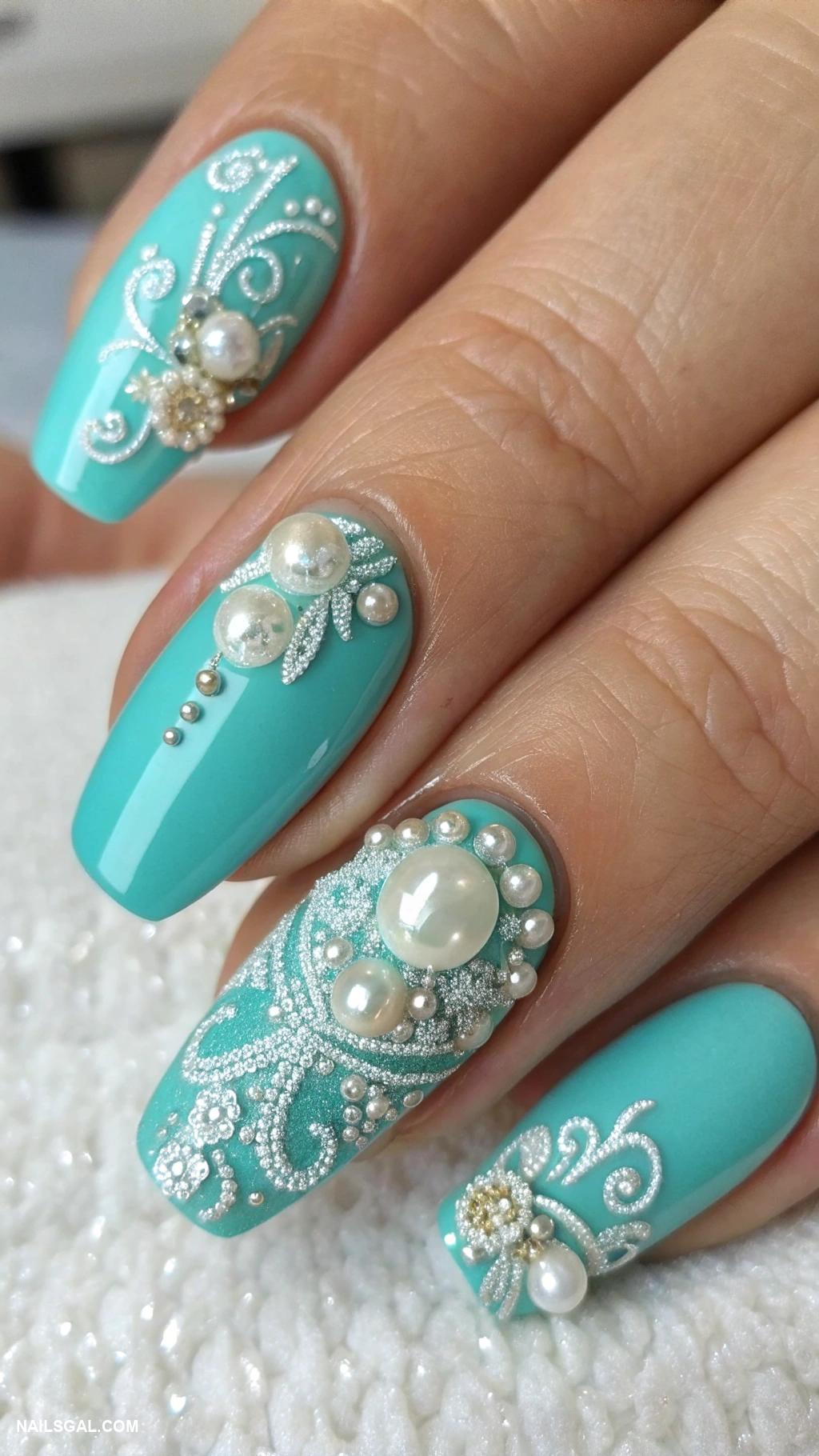 turquoise nails Turquoise base with pearl embellishments