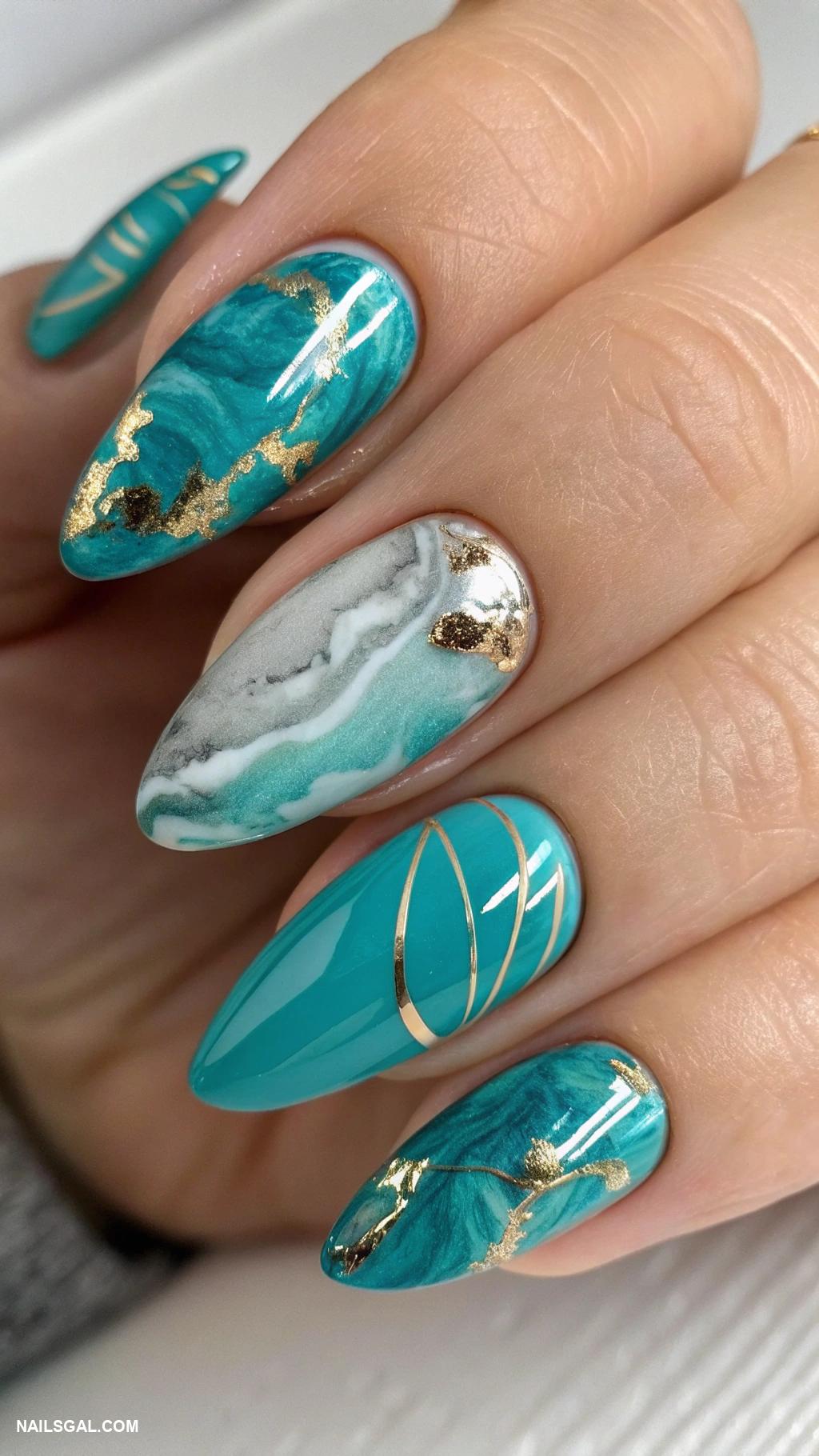 turquoise nails Turquoise marble with metallic finish