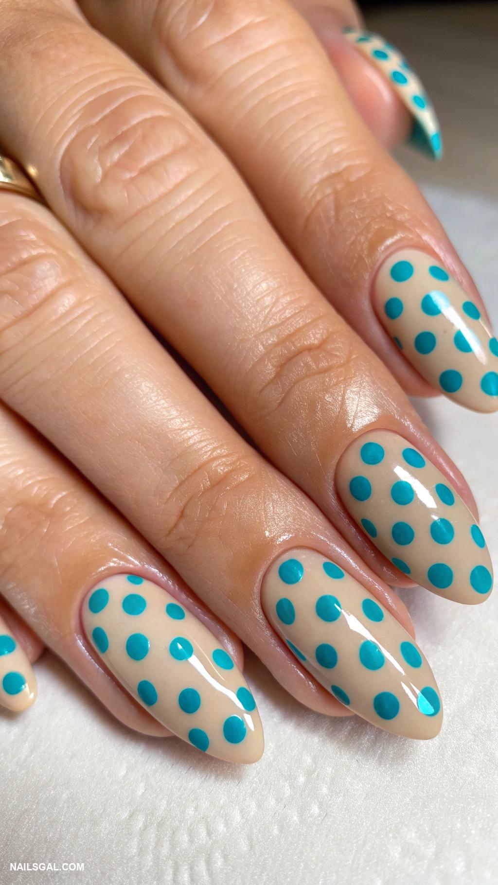turquoise nails Turquoise polka dots on nude background
