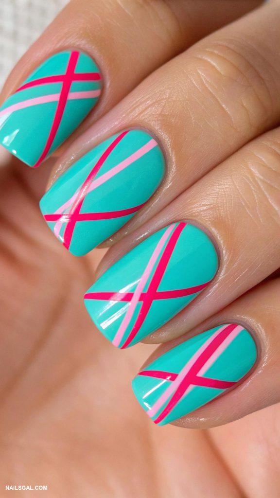 turquoise nails Turquoise stripes with neon pink highlights