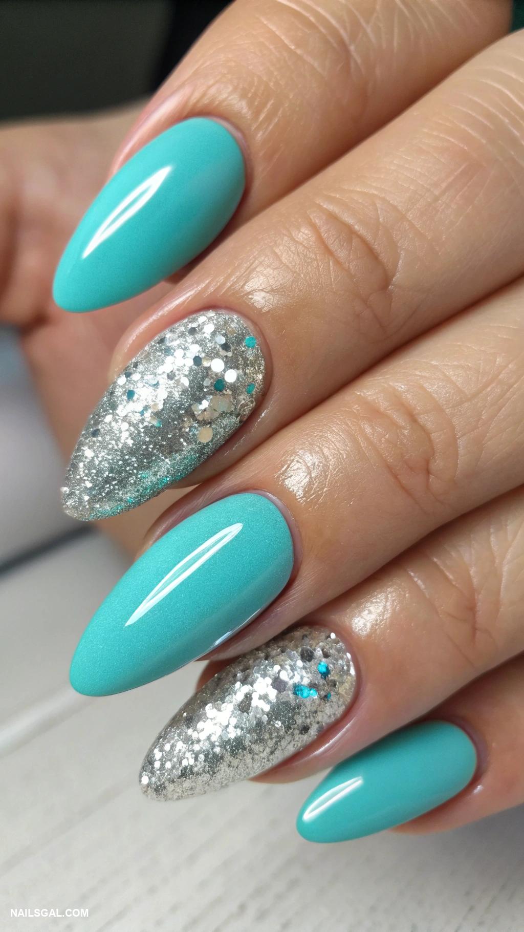 turquoise nails Turquoise with silver shimmer overlay