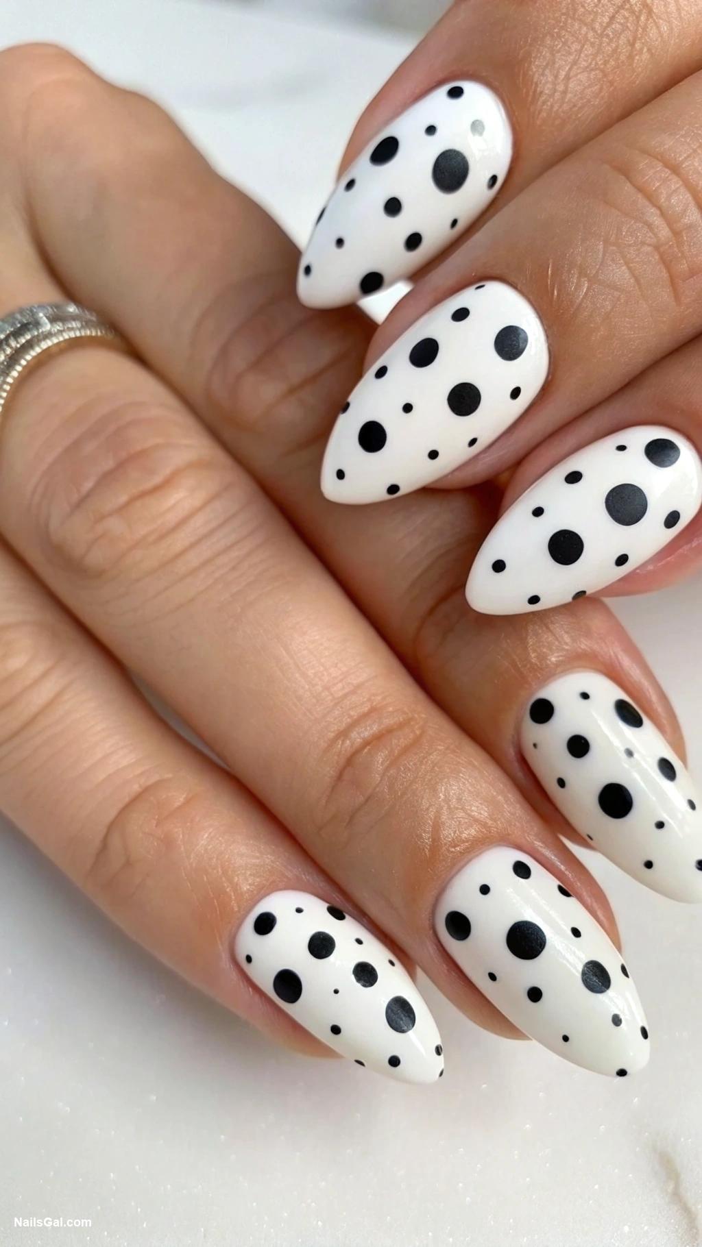 white ghost nails Chalky white with bold black dots
