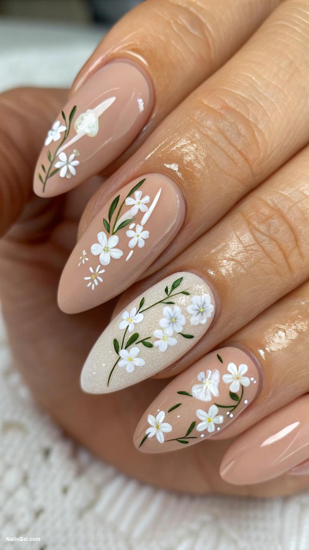 white ghost nails Floral white accents on nude