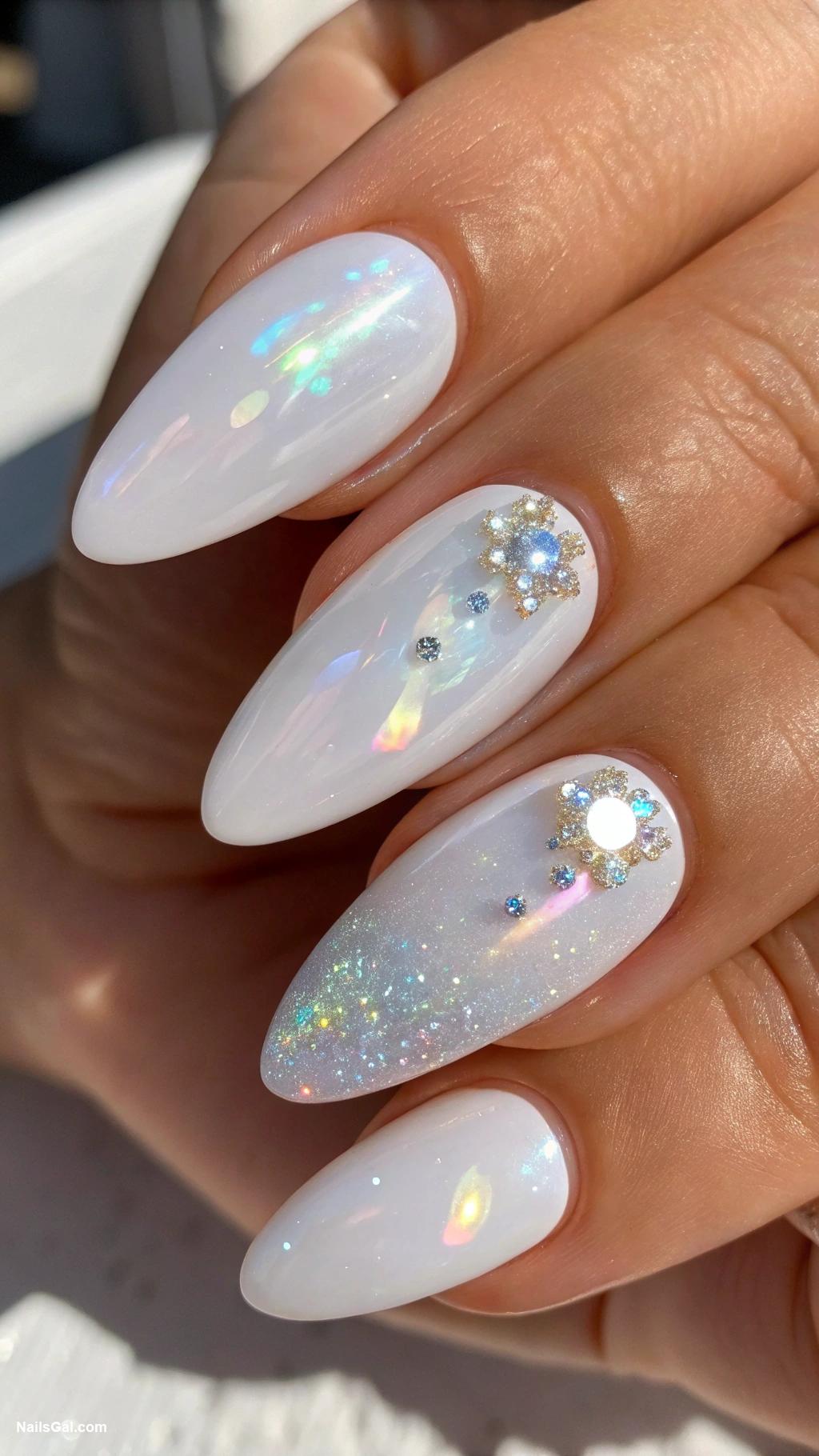 white ghost nails Iridescent white with shimmer effect
